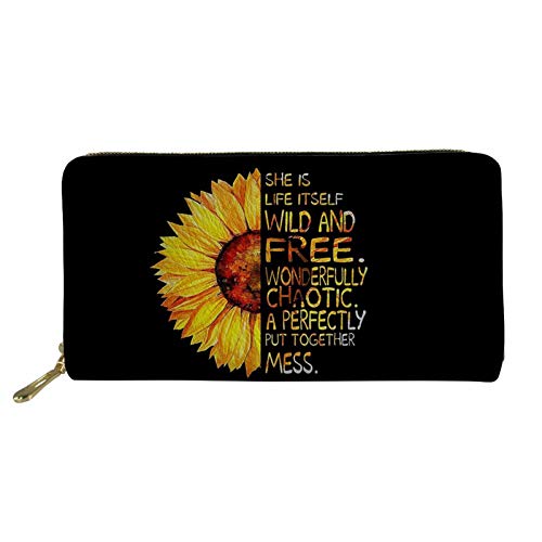Snilety Womens Wallet Zipper Long Text Sunflower Printed Long Leather Clutch Purses for Credit Card Cash Phone Holder