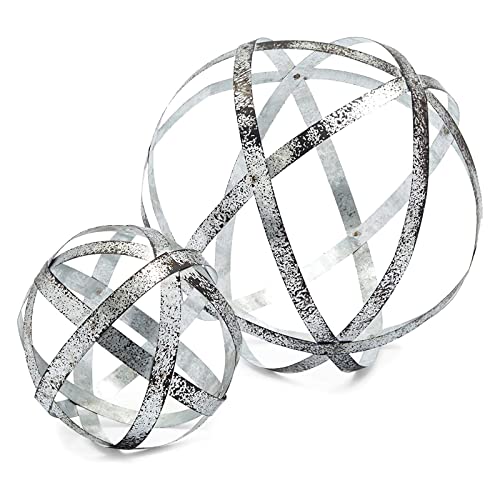 Farmlyn Creek 2 Piece Silver Metal Decorative Spheres for Home Decor, Table, Rustic Style Shelf Decor Accents (2 Sizes)