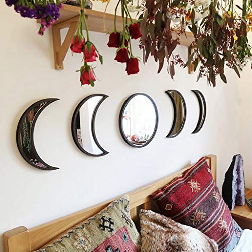 Keweis 5 Pieces Scandinavian Natural Decor Acrylic Wall Decorative Mirror Interior Design Wooden Moon Phase Mirror Bohemian Wall Decoration for Home Living Room Bedroom Decor – Not Real Mirror(Black)