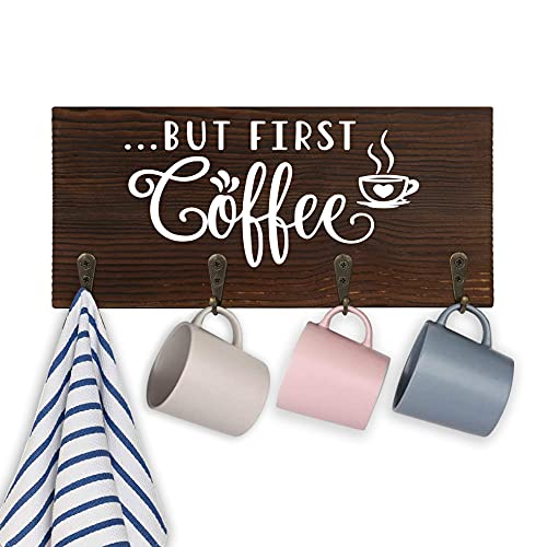 MayAvenue Wooden Rustic Farmhouse Style Coffee Tea Mug Hanging Organizer Rack – But First Coffee, Wall Mounted Coffee Cup Hanging Mug Holder for Kitchen Coffee Bar or Cafe, Brown Coffee Sign
