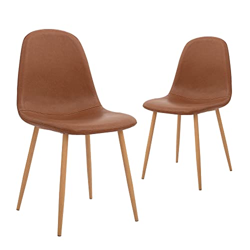 CangLong Washable PU Cushion Seat Back, Mid Century Metal Legs for Kitchen Dining Room Side Chair, Set of 2, Brown