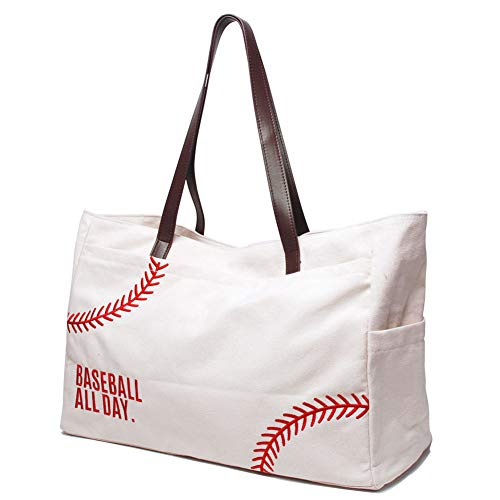 Woman Baseball Tote Handbag Large Oversize Casual Canvas Sports Mom Beach Travel Bag (Embroidery seams)