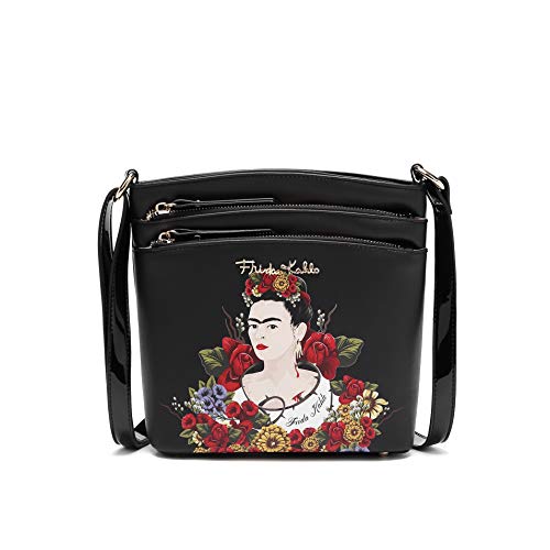 Frida Kahlo Flower Collection Cross Body Bag with Two Zip Pockets on Front (Black)