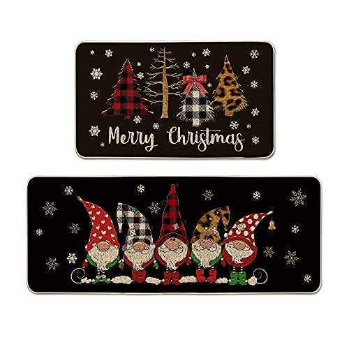 Artoid Mode Buffalo Plaid Christmas Tree Gnomes Black Decorative Kitchen Rugs Set of 2, Winter Holiday Party Low-Profile Floor Mat Merry Christmas Decorations for Home Kitchen – 17×29 and 17×47 Inch