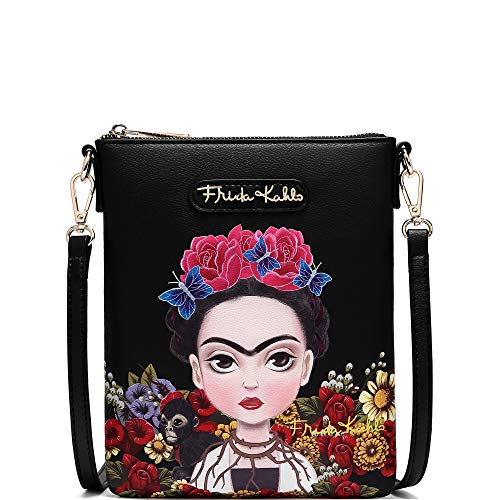 Authentic Frida Kahlo Picture Cartoon PU Leather Travel Women’s Crossbody Bag Purse Gifts (Style 0/ Baby Frida Cartoon Series – Black/Black)