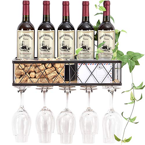 TOOLF Wall Mounted Wine Rack -Metal Bottle & Glass Holder with Hanging Stemware Glasses Set, Cork Storage – Store Red, White, Champagne, Home Kitchen Decor