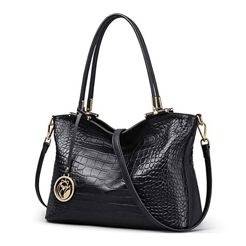 Black Leather Satchel Handbags for Women, Genuine Leather Crocodile Pattern Ladies Alligator Top-handle Bags with Adjustable Shoulder Straps Women’s Tote Purses and Handbags Womens Casual Carryalls