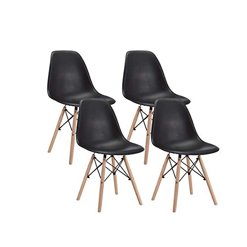 CangLong Modern Mid-Century Shell Lounge Plastic DSW Natural Wooden Legs for Kitchen, Dining, Bedroom, Living Room Side Chairs, Set of 4, Black