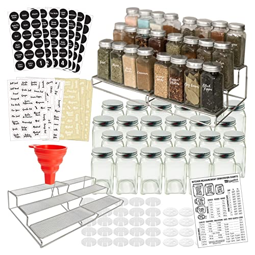 Spice Racks with 24 Glass Spice Jars & 2 Types of Printed Spice Labels by Talented Kitchen. Complete Set: 2 Shelf Stainless Steel 3-Tier Racks, 24 Square Empty Glass Jars 4oz, Chalkboard & Clear Label
