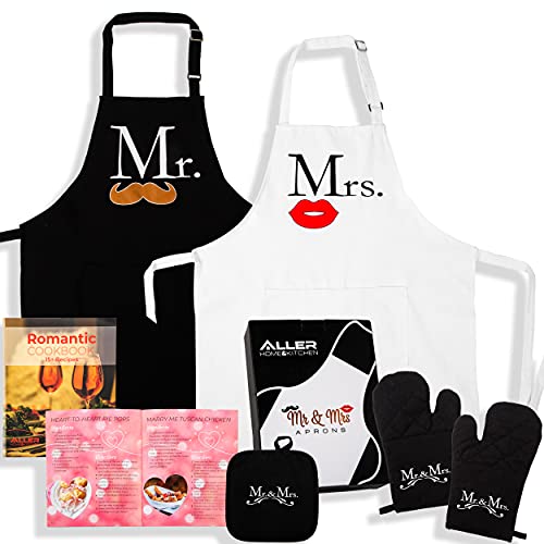 Mr and Mrs Aprons Kitchen Bundle – Includes Adjustable His and Her Aprons, Date night Cookbook, 2 Oven Mitts & 1 Pot Holder – Perfect Newlywed Gift for Bridal Shower, Housewarming & Weddings…