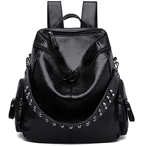 KOOIJNKO Women Backpack Purse, Rivet Studded Rucksack Convertible Ladies Fashion Casual Travel Daypack, 3 Ways Washed Leather Shoulder Bag (Black)