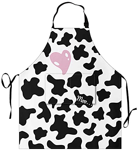 EEIVEUN Cow Skin Pink Heart Black White Apron Adjustable Neck Strap Bib Apron with 2 Pockets Water Oil Stain Resistant Chef Cooking Kitchen Restaurant Pinafore for Home Barber Gardening