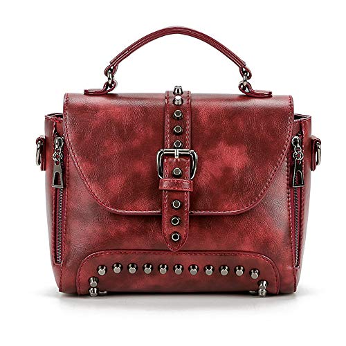 Mn&Sue Women Gothic Rivet Studded Crossbody Bag Top Handle Satchel Motorcycle Style Shoulder Messenger Purse for Lady (#1 Wine Red)