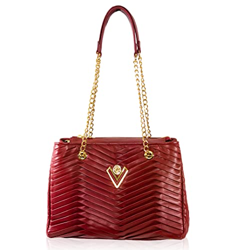 Valentino Orlandi Medium Purse Tote Wavy Pleated Burgundy Leather Italian Designer Bag w/Chain
