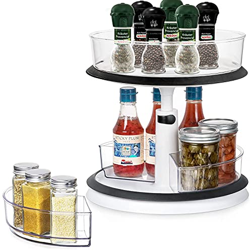 Yesland 2-Tier Lazy Susan Turntable with Large Bin and 3 Dividers, 11.25” Height Adjustable Cabinet and Spice Rack Organizer with Removable Clear Storage Bins for Kitchen Pantry Snack Fruit Makeup