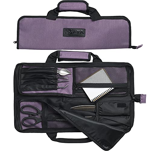 Asaya Chef Knife Roll Bag – 12 Pockets for Knives and Kitchen Utensils – Lightweight, Durable, and Stain Resistant Nylon – Perfect for the Traveling Chef – Knives not Included (Purple)