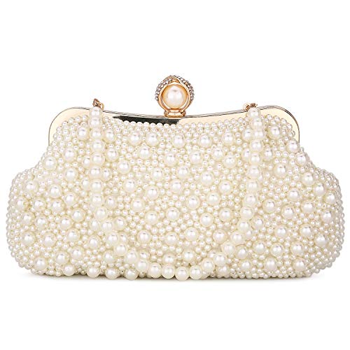 UBORSE Women Pearl Clutch Bead Rhinestone Evening Clutch Bag with removable Pearl Chain Ivory White