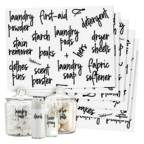 Talented Kitchen 141 Laundry Room Labels for Jars and Containers, Preprinted Black Script Stickers for Linen Closet, Bathroom Organization, Cleaning Supplies (Water Resistant)