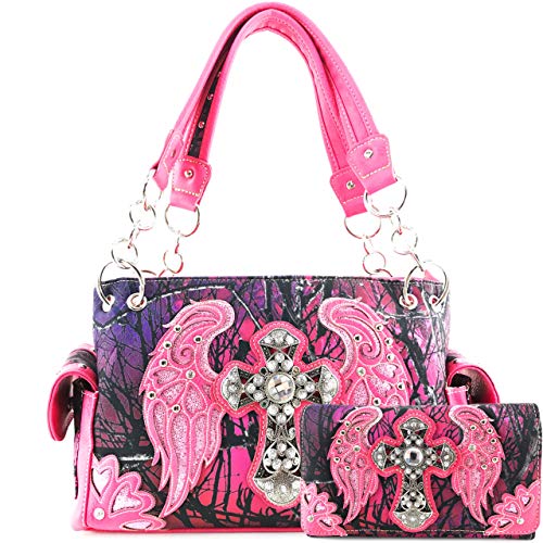 Zelris Camouflage Shine Glow Cross Wings Women Conceal Carry Handbag with Wallet (Hot Pink)