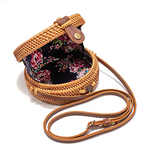 Aviboo Handwoven Round Rattan Straw Crossbody Bags for Women 8” with Adjustable Two-Layer Genuine Leather Strap with Bonus – Rattan Bracelet