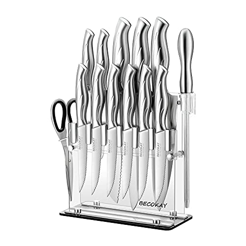 Premium Chef Knife Sets,14-Piece Kitchen Knives with Acrylic Stand, Full Tang Designed, High Carbon Stainless Steel Cutlery With Knife Sharpener & 6 Steak Knives, Ergonomic Handle & Gifted Box(Silver)