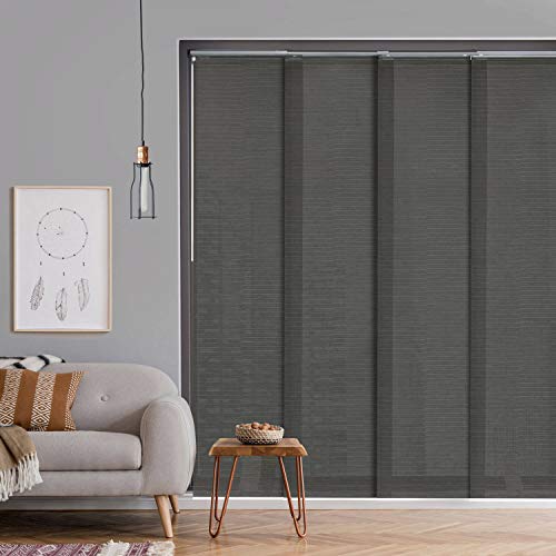GoDear Design Deluxe Adjustable Sliding Panel Track Blind 45.8″- 86″ W x 96″ H, Extendable 4-Rail Track Sliding Glass Door Blind, Trimmable Natural Woven Fabric, Semi-Privacy, Tea Time