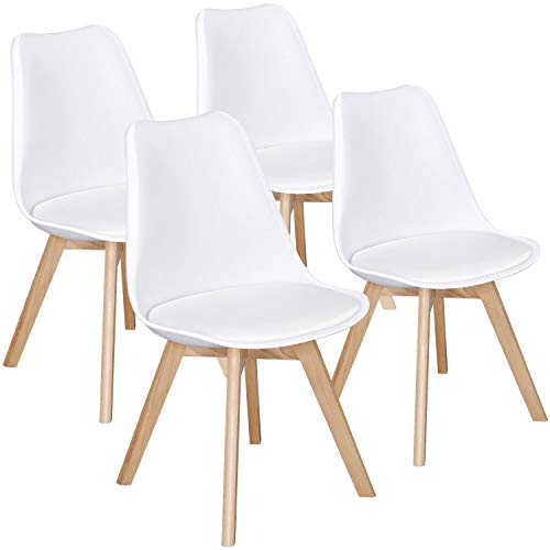 Yaheetech Dining Chairs PU Side Chair DSW Chair Accent Shell Chair with Beech Wood Legs Modern Mid Century Eiffel Inspired Chair Upholstered Dining Room Living Room Bedroom Kitchen Chairs White,4Pcs