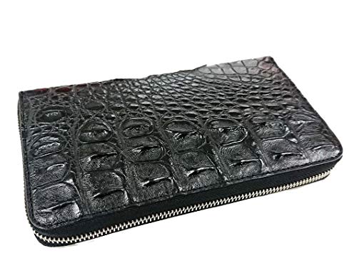 Genuine Crocodile Alligator Backbone Skin Leather Zip Checkbook Black Wallet