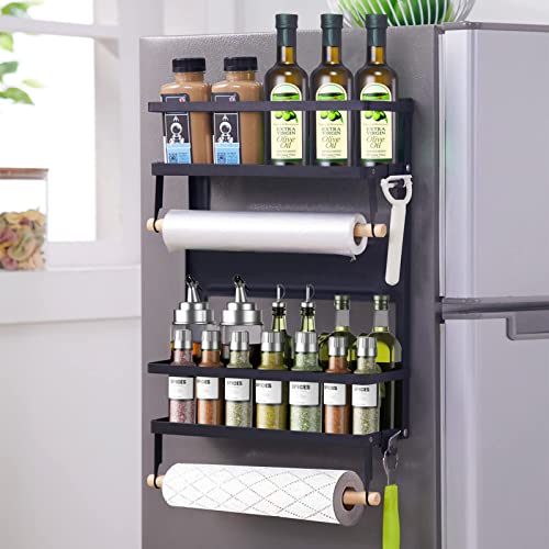 XIAPIA Magnetic Fridge Organizer Spice Rack with Paper Towel Holder and 5 Extra Hooks | 3 Tier Magnet Refrigerator Shelf in Kitchen Holds up to 45 LBS | 16x12x4 Inch Black