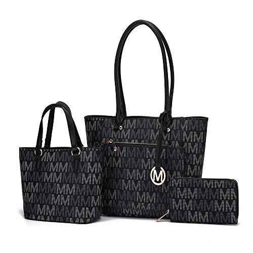 MKF 3-PC Set, Shoulder Bag for Women, Small Tote Handbag & Wristlet Purse – Top Handle PU Leather Fashion Pocketbook Lady Black