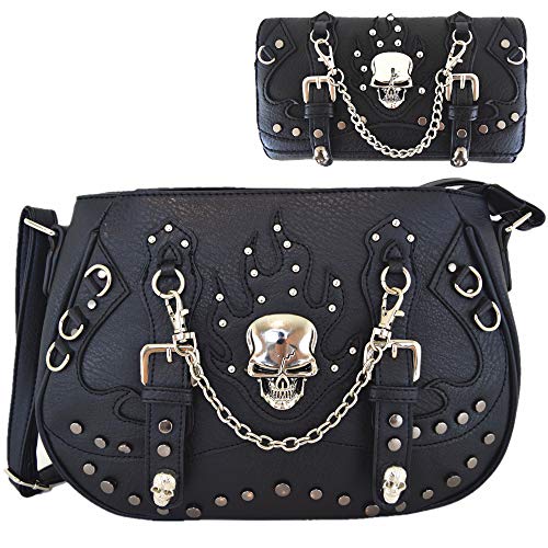 WESTERN ORIGIN Punk Gothic Skull Chain Crossbody Handbag Concealed Carry Purse Women Single Shoulder Bag/Wallet Black