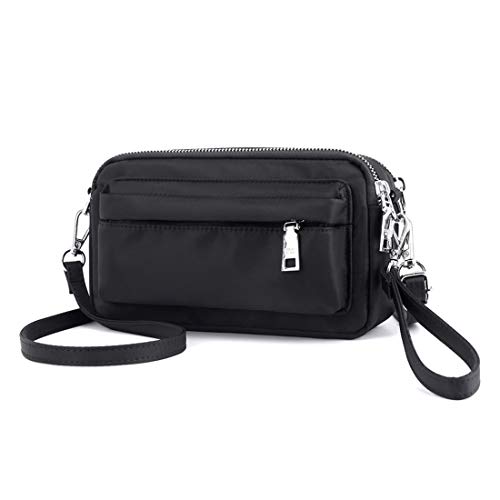 YANAIER Multi-Zipper Crossbody Handbag Purse, Women’s Nylon Wristlet Mini Crossbody Bag Clutch with 2 Straps Black