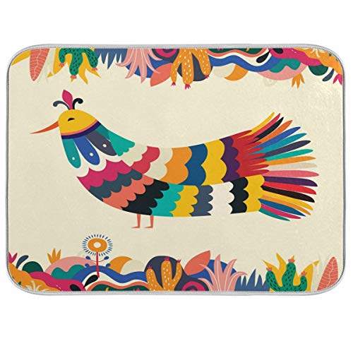 Colorful Mexican Design Stylish Artistic Bird Dish Drying Mat for Kitchen, Absorbent Microfiber Drying Pad Dish Mat, 16″ X 18″