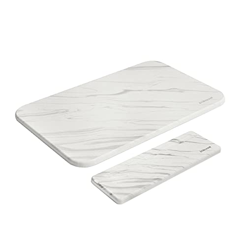 Dish Drying Mats for Kitchen Counter, Diatomaceous Earth Mat, 12”x8” & 9”x3” Small Size Hard White Water-Absorbent Heat-Resistant Non-Slip Diatomite Mat, Draining Mat for Drying Rack (Marble)
