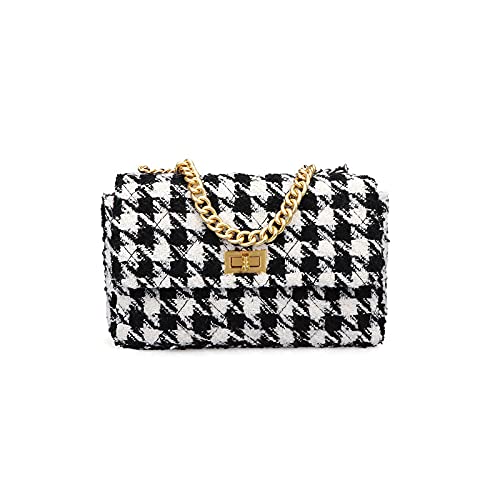 BERTY·PUYI PU Leather Houndstooth Ladies Shoulder Bag Autumn And Winter Fashion Woolen Cloth Crossbody Bag Chain womens crossbody handbag For women, Black And White