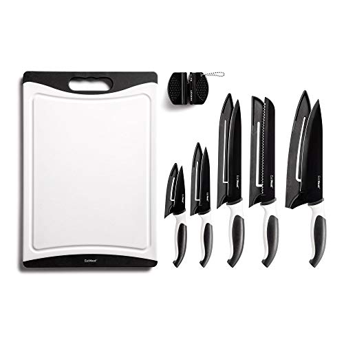 EatNeat 12-Piece Kitchen Knife Set – 5 Black Stainless Steel Knives with Sheaths, Cutting Board, and a Sharpener – Razor Sharp Cutting Tools that are Kitchen Essentials for New Home