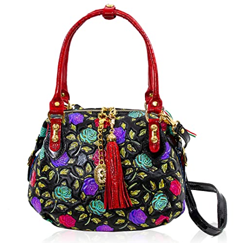 Marino Orlandi Medium Handpainted Roses Purse Onyx Genuine Leather Tote Crossbody Bag Italian Designer Handbag