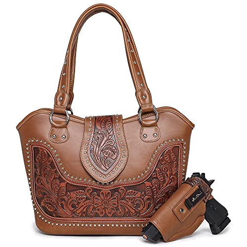 Montana West Women Shoulder Bag Concealed Carry Handbag Fashion Tooling Tote Bag with Detachable Holster WRLH-8005BR | The Storepaperoomates Retail Market - Fast Affordable Shopping