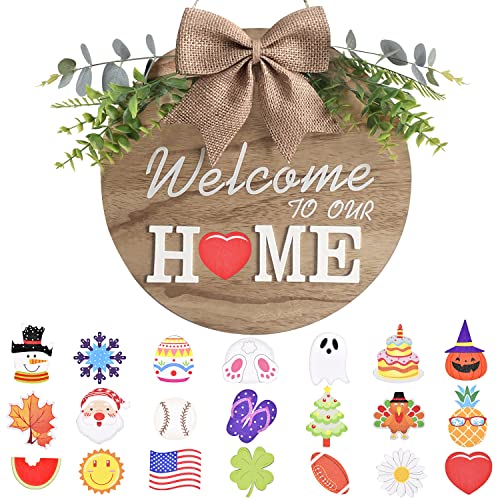 Interchangeable Welcome Home Sign, Seasonal Front Porch Door Decor With 21 Changeable Seasonal Icons for Halloween /Christmas/Independence Day, Rustic Wood Wreaths Wall Hanger for Housewarming Gift (12″)
