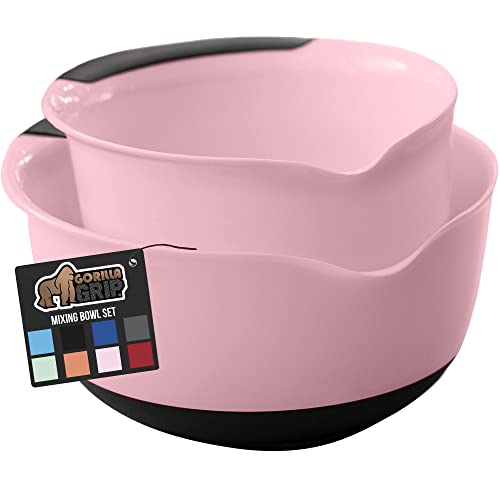 Gorilla Grip Mixing Bowls Set of 2, Slip Resistant Rubber Bottom, Nesting Baking Bowl, Soft Wide Handle, Easy Pour Spout, Electric Mixer and Dishwasher Safe, Kitchen Essentials, 5 QT, 3 Quart, Pink