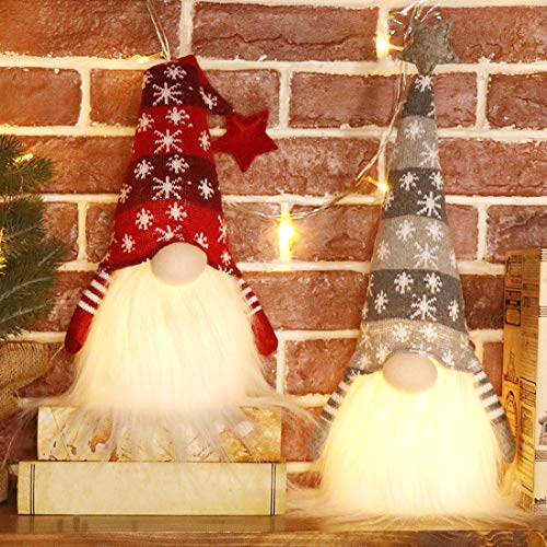 EDLDECCO Christmas Gnome with Light Timer 18 Inches Set of 2 Knitted Stars Nisse Figurine Plush Swedish Nordic Tomte Scandinavian Elf X’Mas Holiday Party Home Decor Ornaments