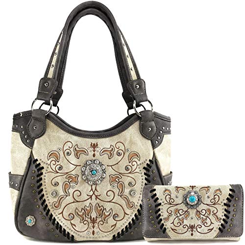 Zelris Spring Bloom Western Concho Women Conceal Carry Tote Handbag Purse Set (Beige)