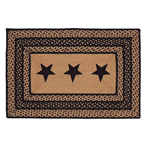 VHC Brands Farmhouse Jute Rectangular Rug with Stencil Stars 24×36 Country Braided Flooring, Country Black and Tan