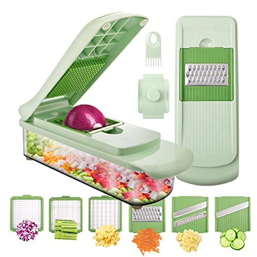 Supernal Chopper Vegetable Cutter, French Fry Cutter, Onion Chopper with Container, veggie chopper, 6 in 1 Vegetable Silcer, Cheese Grater （Green）