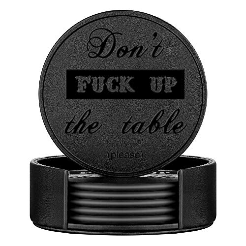Thipoten Funny Coasters, 6 Pcs Leather Coasters with Holder, Perfect Housewarming Hostess Gifts, Protect Furniture from Water Marks Scratch and Damage(6Pcs, Black)