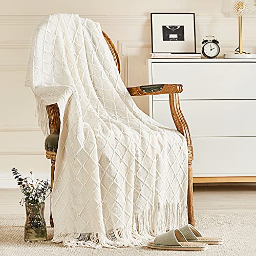 Inhand Knitted Throw Blankets for Couch and Bed, Soft Cozy Knit Blanket with Tassel, Off White Lightweight Decorative Blankets and Throws, Farmhouse Warm Woven Blanket for Men and Women, 50″x60″