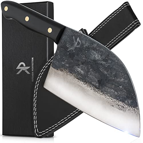 KITCHEN PERFECTION Meat Cleaver Kitchen Knife -Professional 7″ Serbian Chef Knife –HandForged in Fire, High-Carbon Steel– Razor Sharp Cleaver Knife Chopping Knife w/ Leather Sheath,Unique Patina Looks