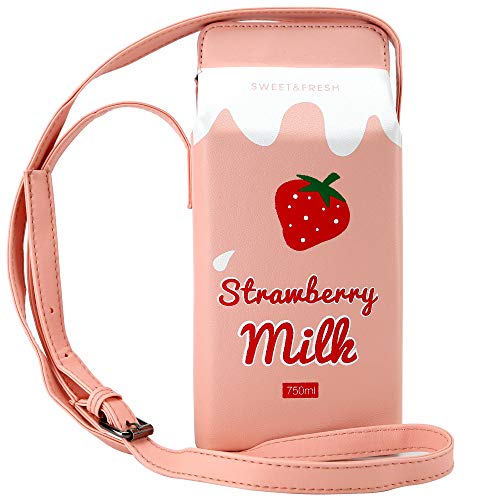 Ondeam Strawberry Milk Box CrossBody Purse Bag,PU Phone Shoulder Wallet for Women Girl(CaoM)