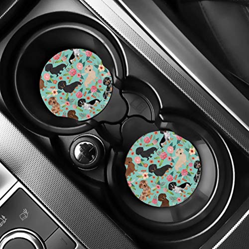Pensura Car Coasters Pack of 2 Cute Dachshund Floral Print Absorbent Coaster Set for Women Men Drink Cup Holders Universal Fit Women Gifts
