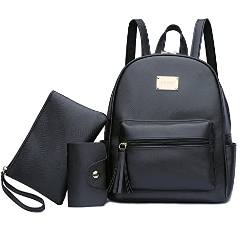 KKXIU Girls 3pcs Small Cute Backpack Purse Women Fashion Mini Daypack with Tassel (A-Black)